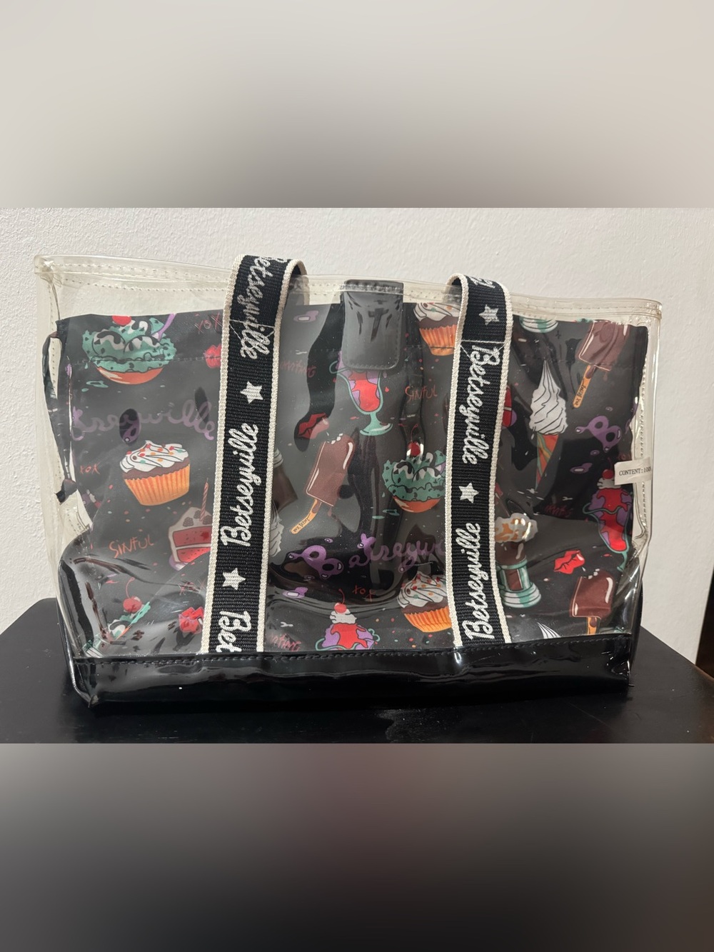 Betsey Johnson Black Clear Tote with Colorful Dessert Motif (E-35)
